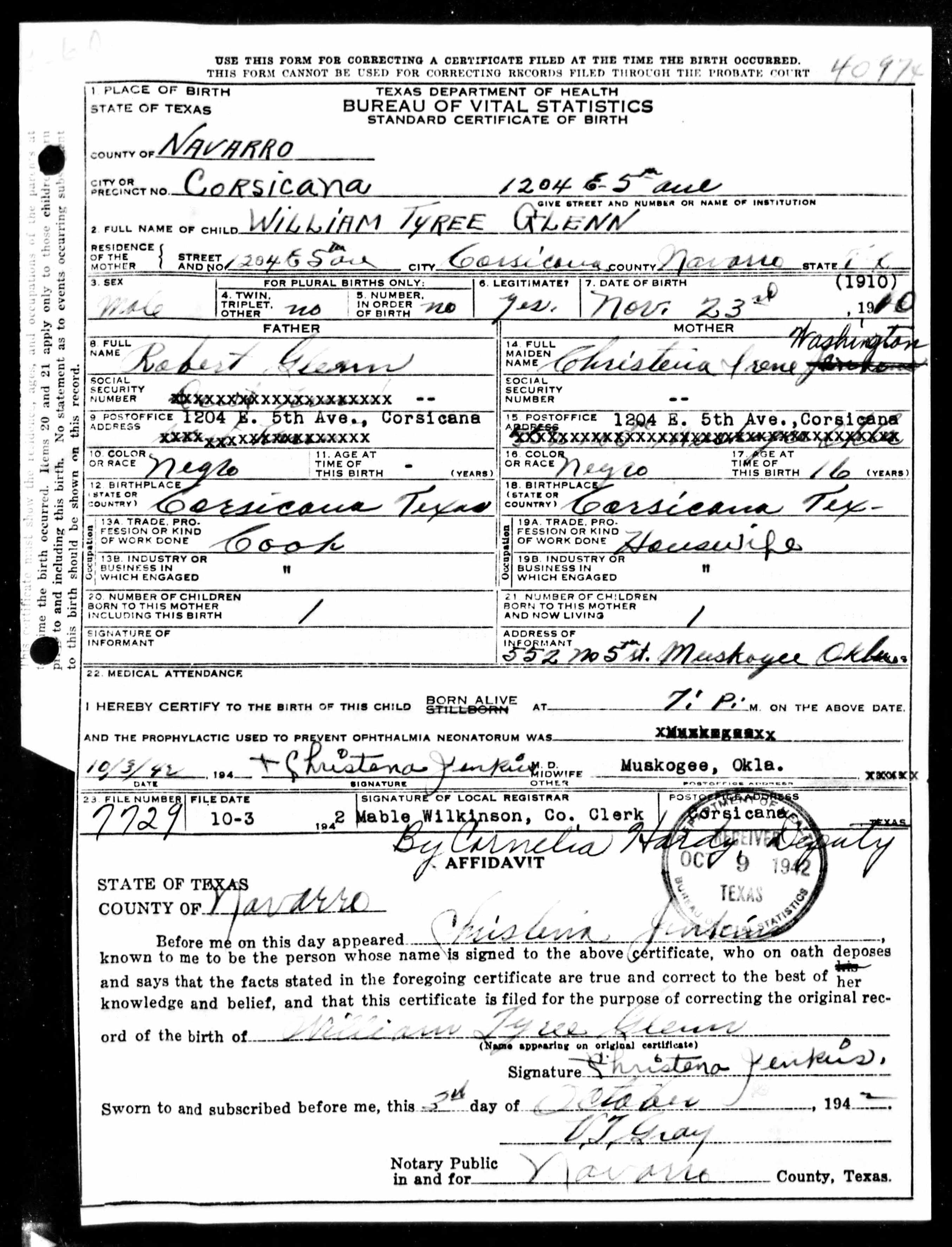 Glenns birth certificate